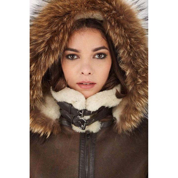 Women's Brown B3 Shearling Bomber Jacket With Raccoon Fur Hood - AMSEL LEATHERS