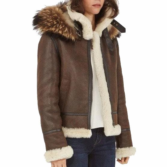 Women's Brown B3 Shearling Bomber Jacket With Raccoon Fur Hood - AMSEL LEATHERS