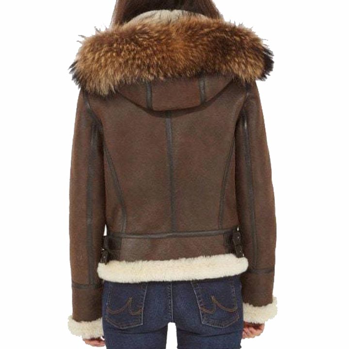 Women's Brown B3 Shearling Bomber Jacket With Raccoon Fur Hood - AMSEL LEATHERS