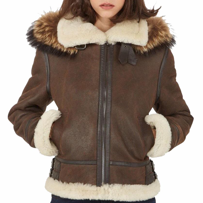 Women's Brown B3 Shearling Bomber Jacket With Raccoon Fur Hood - AMSEL LEATHERS