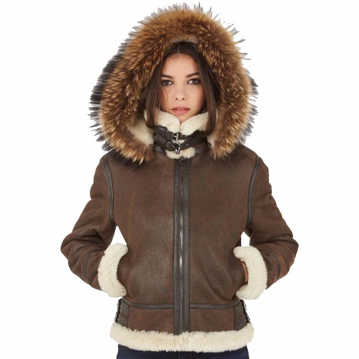 Women's Brown B3 Shearling Bomber Jacket With Raccoon Fur Hood - AMSEL LEATHERS