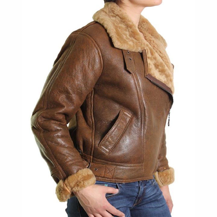 Women's Brown Fur Shearling Flying Bomber Aviator Jacket - AMSEL LEATHERS