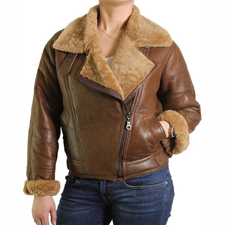 Women's Brown Fur Shearling Flying Bomber Aviator Jacket - AMSEL LEATHERS