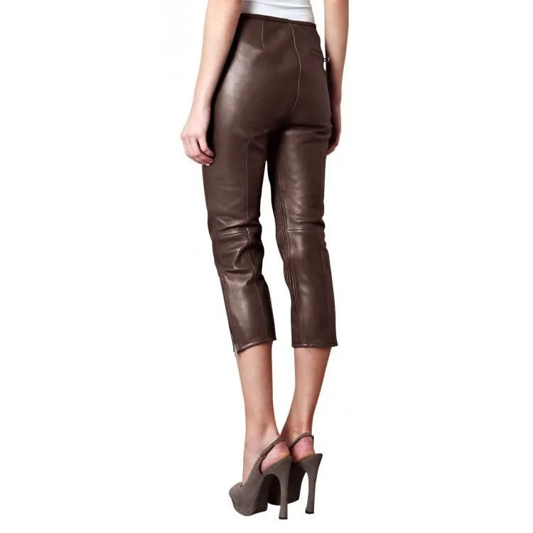 Women's Brown Lambskin Leather Capri - AMSEL LEATHERS