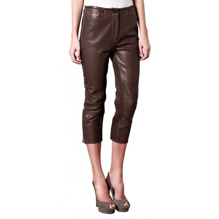 Women's Brown Lambskin Leather Capri - AMSEL LEATHERS