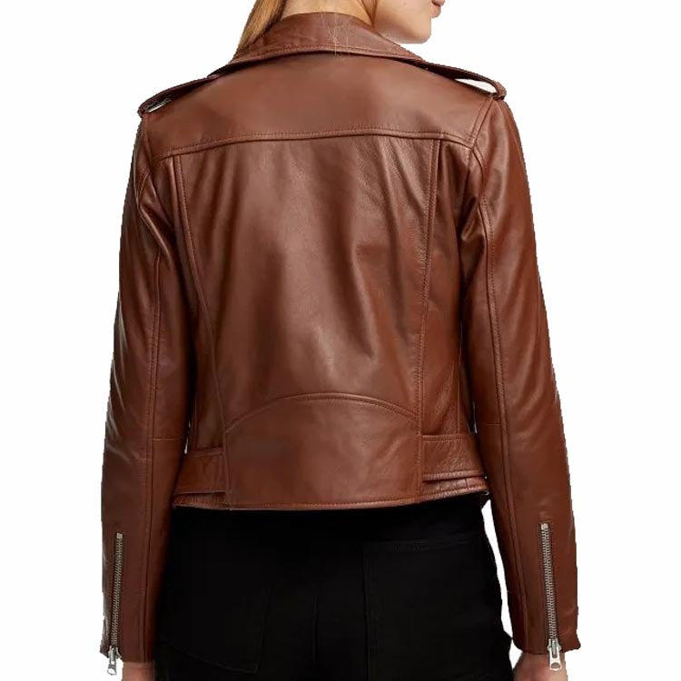 Women's Brown Leather Biker Jacket - AMSEL LEATHERS