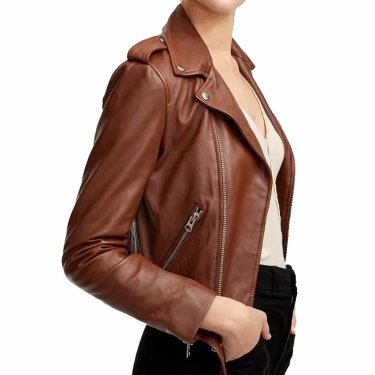 Women's Brown Leather Biker Jacket - AMSEL LEATHERS