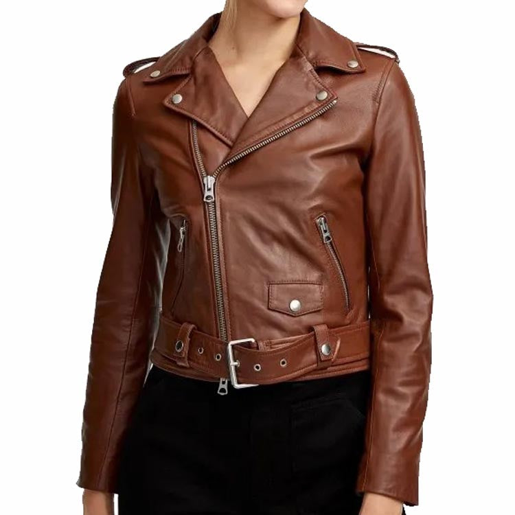 Women's Brown Leather Biker Jacket - AMSEL LEATHERS