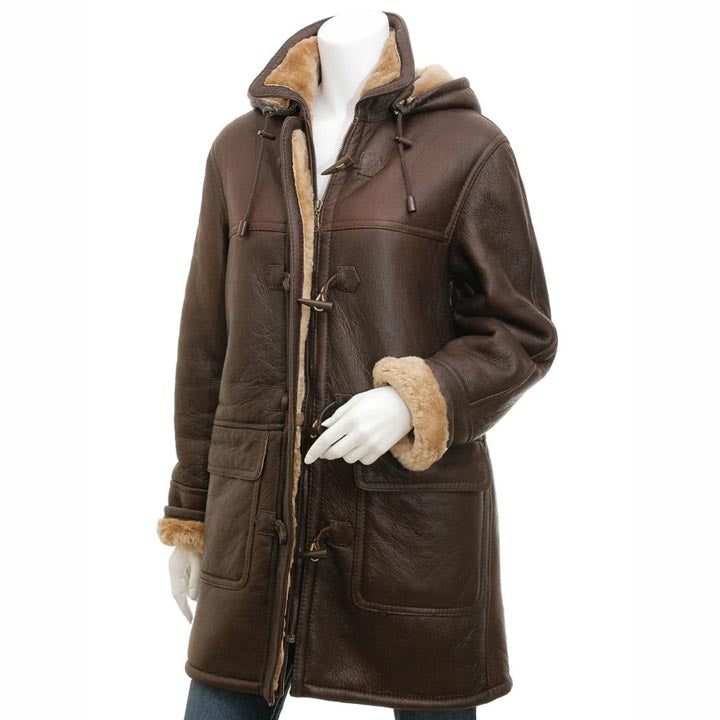 Women's Brown Sheepskin Duffle Coat - AMSEL LEATHERS