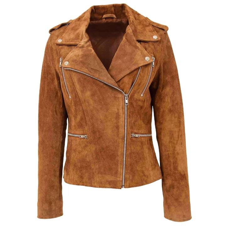 Women's Brown Suede Leather Biker Jacket - AMSEL LEATHERS