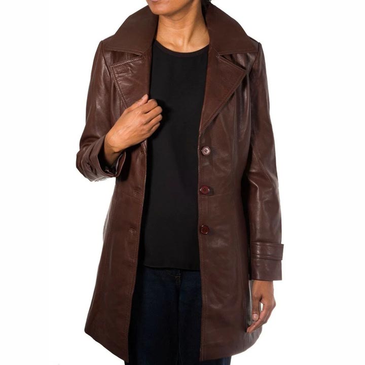 Women's Chocolate Brown Genuine Leather Trench Coat - AMSEL LEATHERS