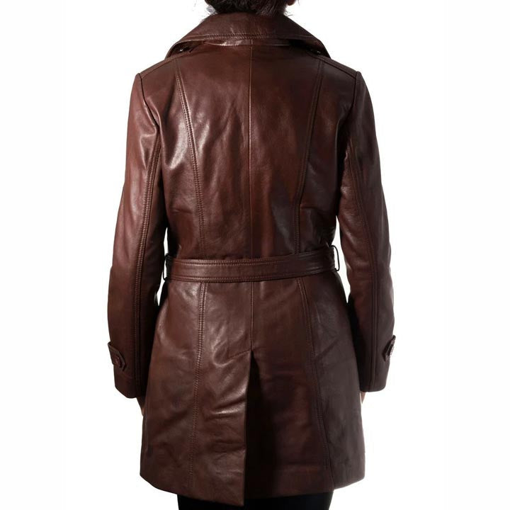 Women's Chocolate Brown Genuine Leather Trench Coat - AMSEL LEATHERS