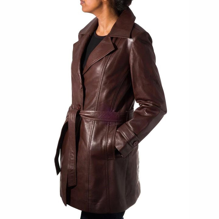 Women's Chocolate Brown Genuine Leather Trench Coat - AMSEL LEATHERS