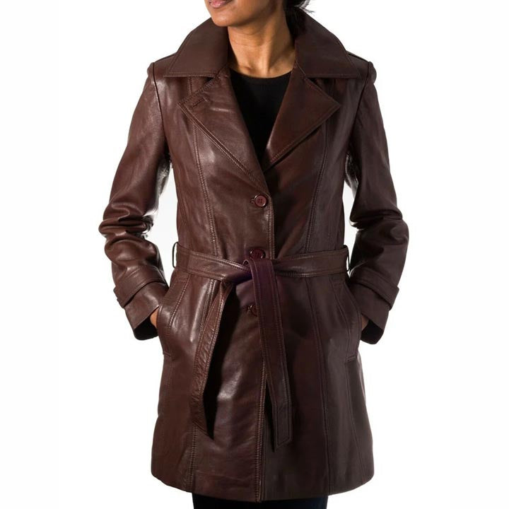 Women's Chocolate Brown Genuine Leather Trench Coat - AMSEL LEATHERS