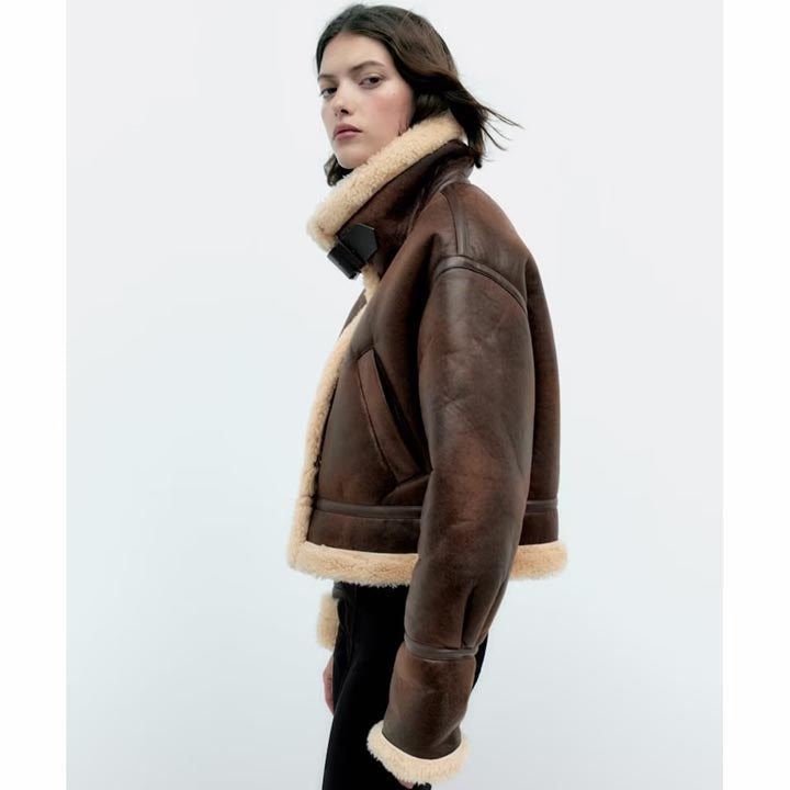 Women's Dark Brown B3 Bomber Shearling Fur Coat Aviator jacket - AMSEL LEATHERS