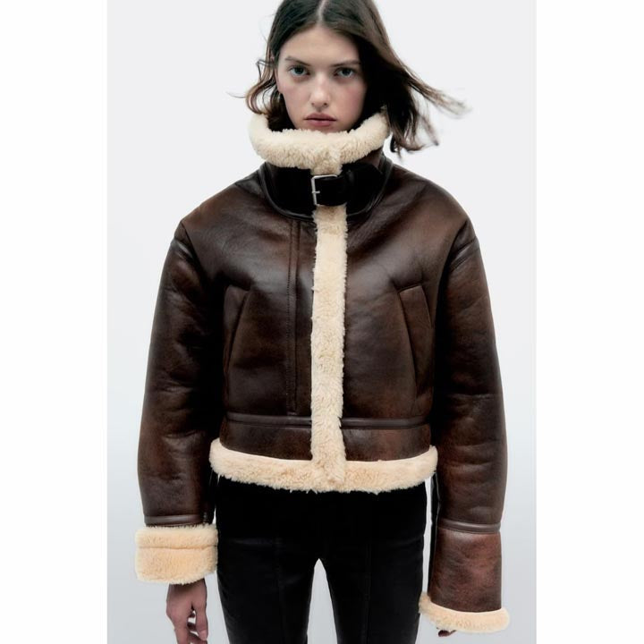 Women's Dark Brown B3 Bomber Shearling Fur Coat Aviator jacket - AMSEL LEATHERS