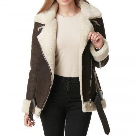 Women's Dark Brown B3 RAF Shearling Aviator Jacket - AMSEL LEATHERS