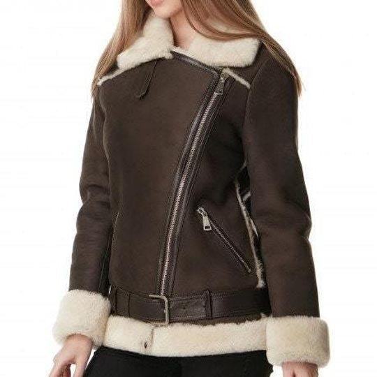 Women's Dark Brown B3 RAF Shearling Aviator Jacket - AMSEL LEATHERS