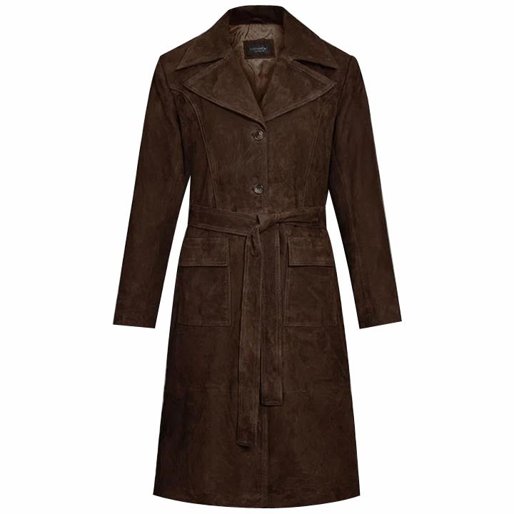 Women's Dark Brown RAF Aviator Suede Leather Trench Coat - AMSEL LEATHERS