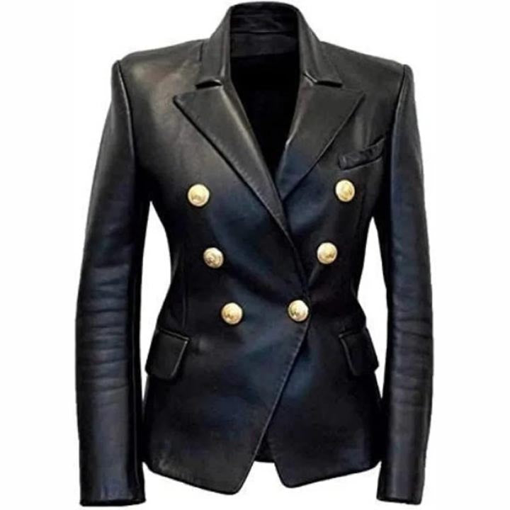 Women's Designer Double Breasted Black Leather Blazer - AMSEL LEATHERS