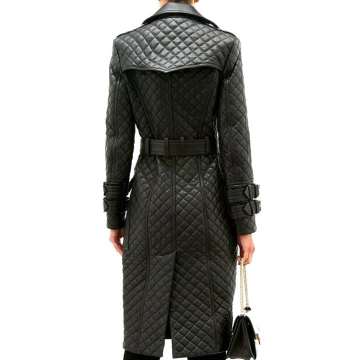 Women's Double-Breasted Quilted Leather Trench Coat - AMSEL LEATHERS