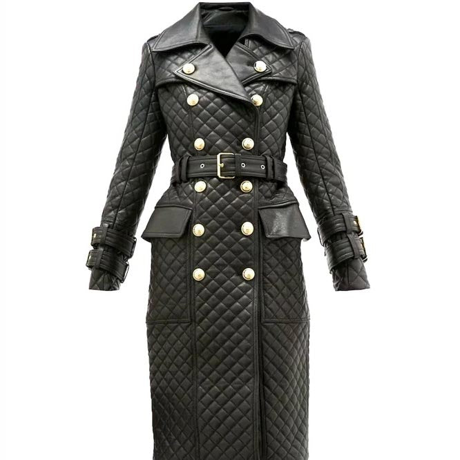 Women's Double-Breasted Quilted Leather Trench Coat - AMSEL LEATHERS