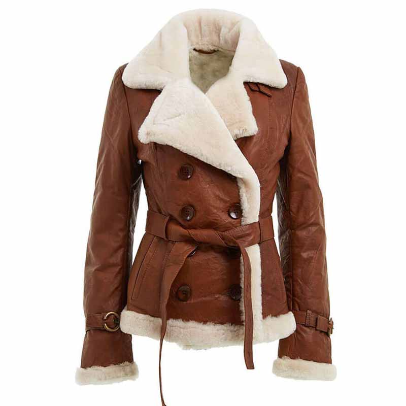 Women's Double Breasted Shearling Jacket - AMSEL LEATHERS