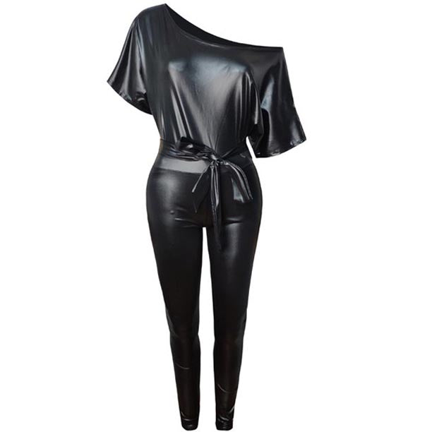 Women's Fashion Off Shoulder Leather Bodysuit Jumpsuit - AMSEL LEATHERS