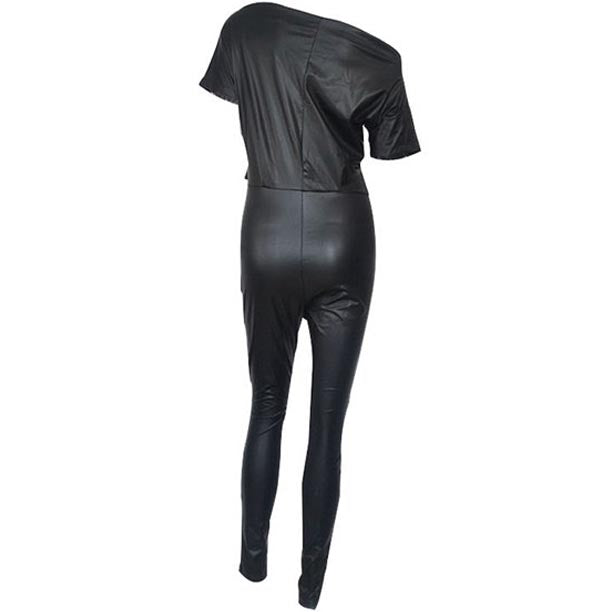 Women's Fashion Off Shoulder Leather Bodysuit Jumpsuit - AMSEL LEATHERS