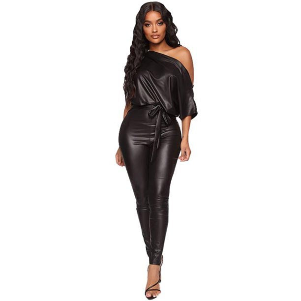 Women's Fashion Off Shoulder Leather Bodysuit Jumpsuit - AMSEL LEATHERS