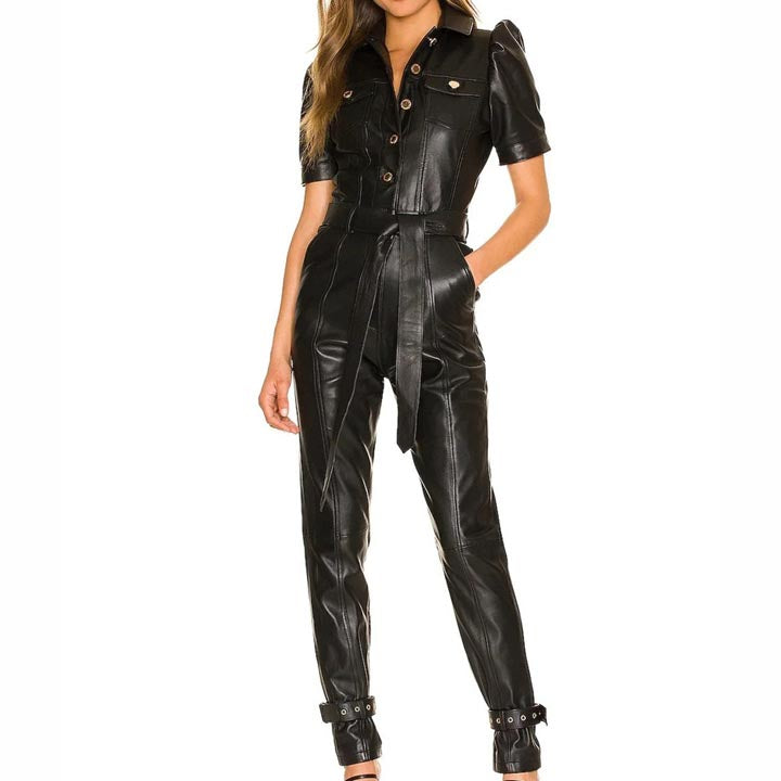 Women's Genuine Lambskin Leather Jumpsuit - AMSEL LEATHERS