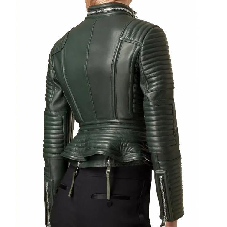 Women's Green Leather Biker Jacket with Peplum Waist - AMSEL LEATHERS