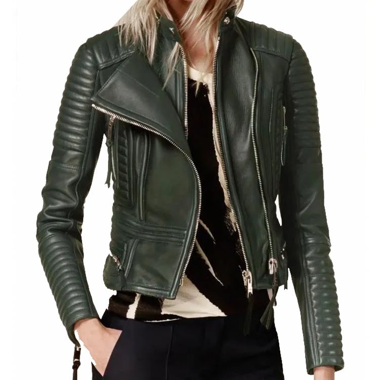 Women's Green Leather Biker Jacket with Peplum Waist - AMSEL LEATHERS