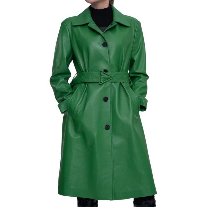 Women's Green Real Lambskin Soft Leather Trench Coat - AMSEL LEATHERS