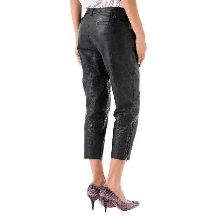 Women's High Waisted Black Leather Capri Pant - AMSEL LEATHERS