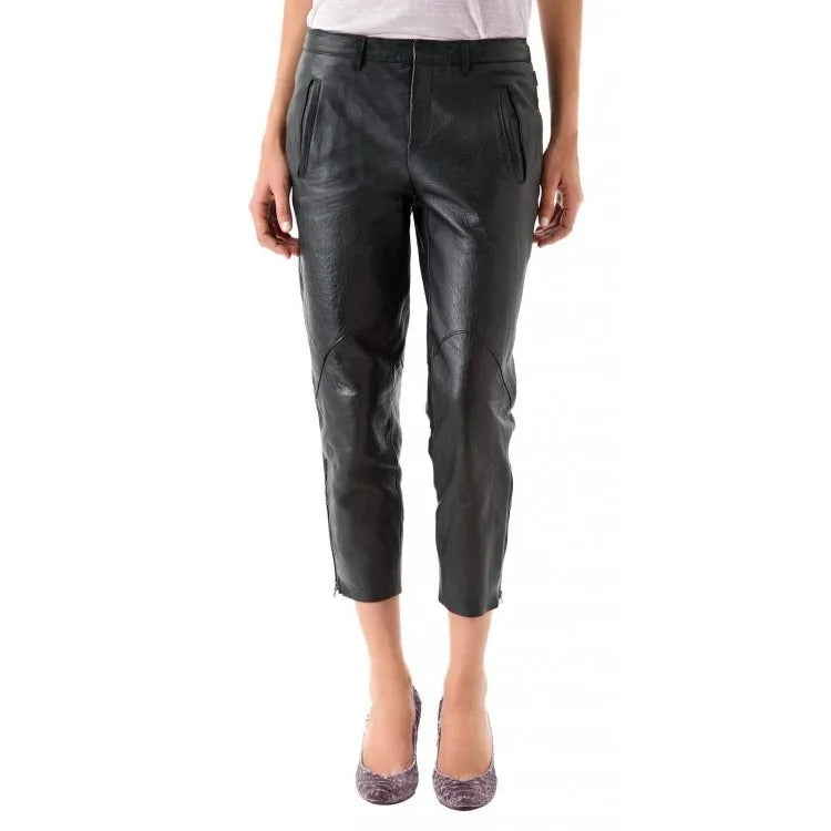 Women's High Waisted Black Leather Capri Pant - AMSEL LEATHERS