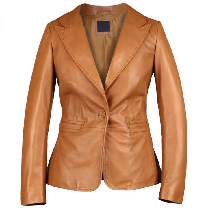 Women's Lambskin Tan Leather Blazer - AMSEL LEATHERS