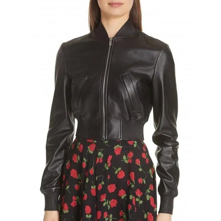 Women's Long Sleeves Black Leather Bomber Jacket - AMSEL LEATHERS