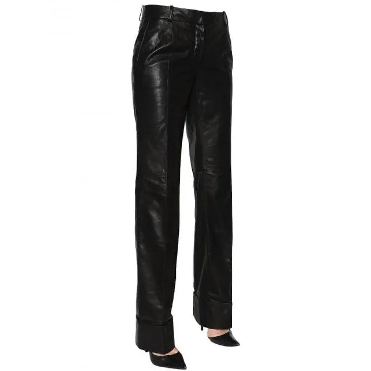 Women's Long Straight Leg Black Leather Pant - AMSEL LEATHERS