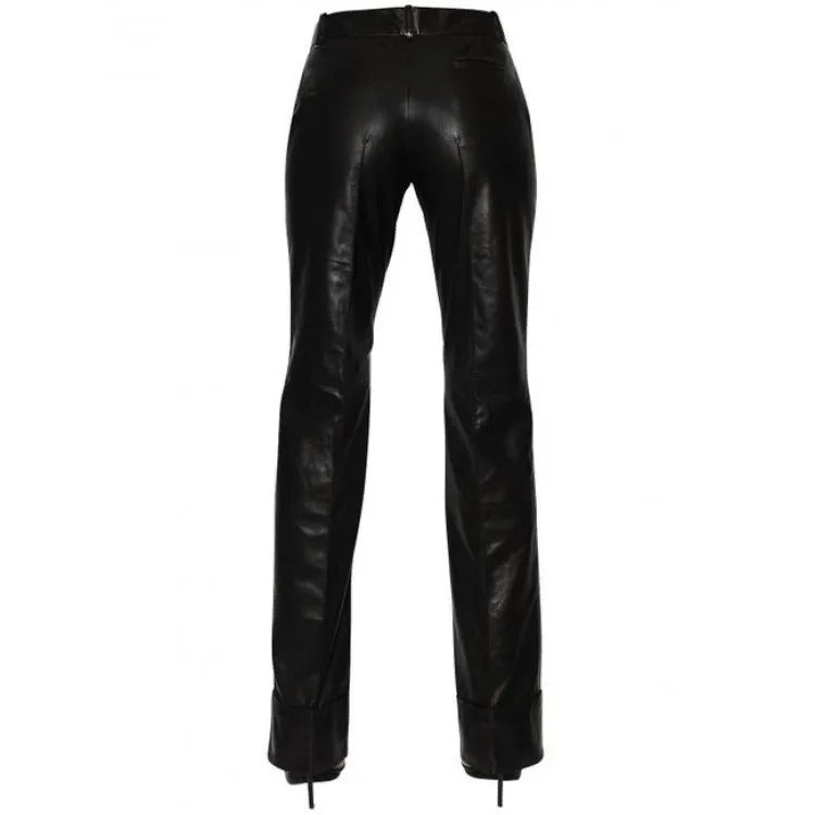 Women's Long Straight Leg Black Leather Pant - AMSEL LEATHERS