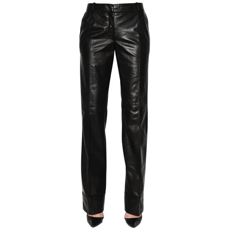 Women's Long Straight Leg Black Leather Pant - AMSEL LEATHERS