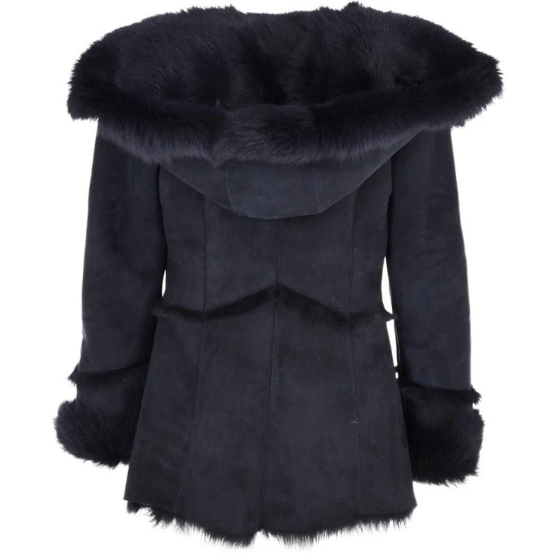 Women's Longhaired Shearling Coat With Large Hood - AMSEL LEATHERS