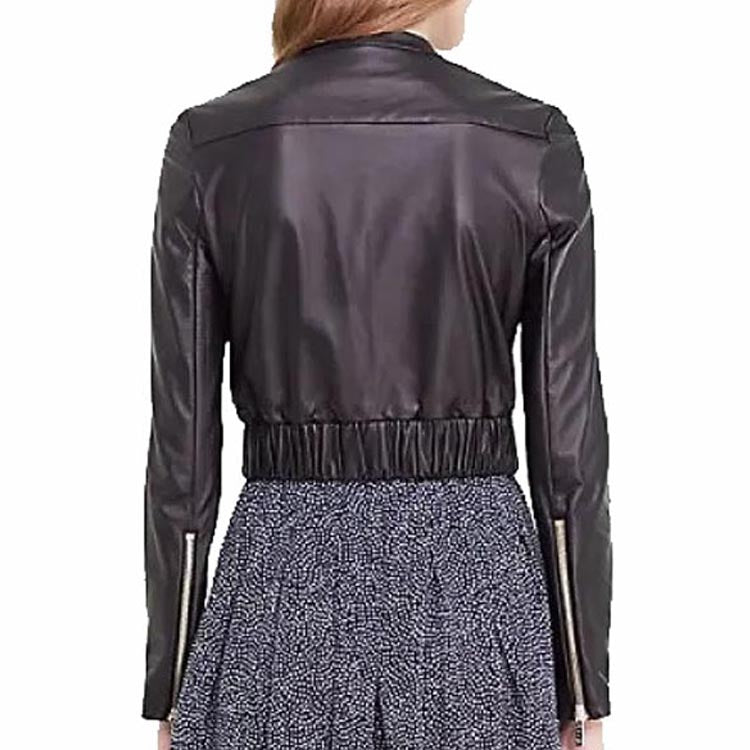 Women's Luxurious Black Leather Short Bomber Jacket - AMSEL LEATHERS