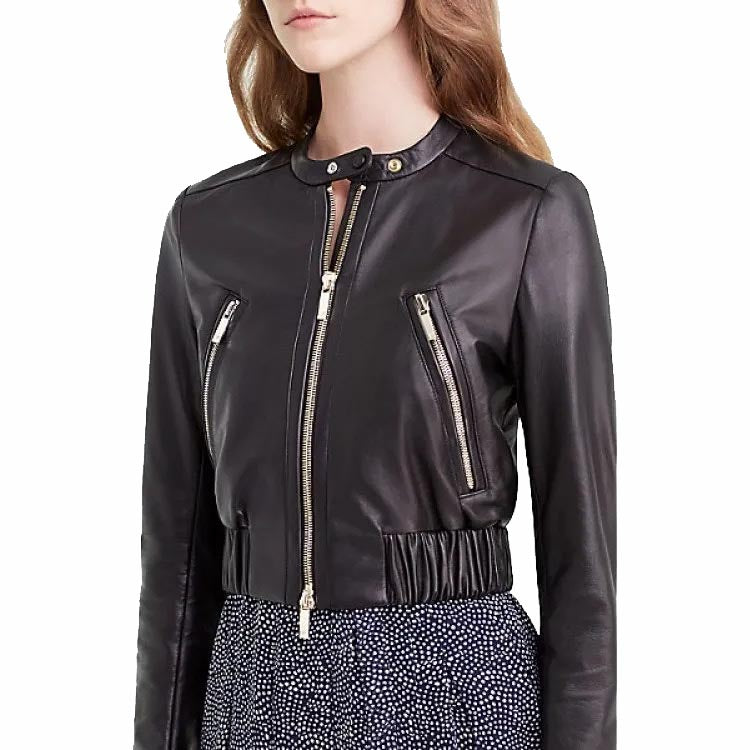 Women's Luxurious Black Leather Short Bomber Jacket - AMSEL LEATHERS