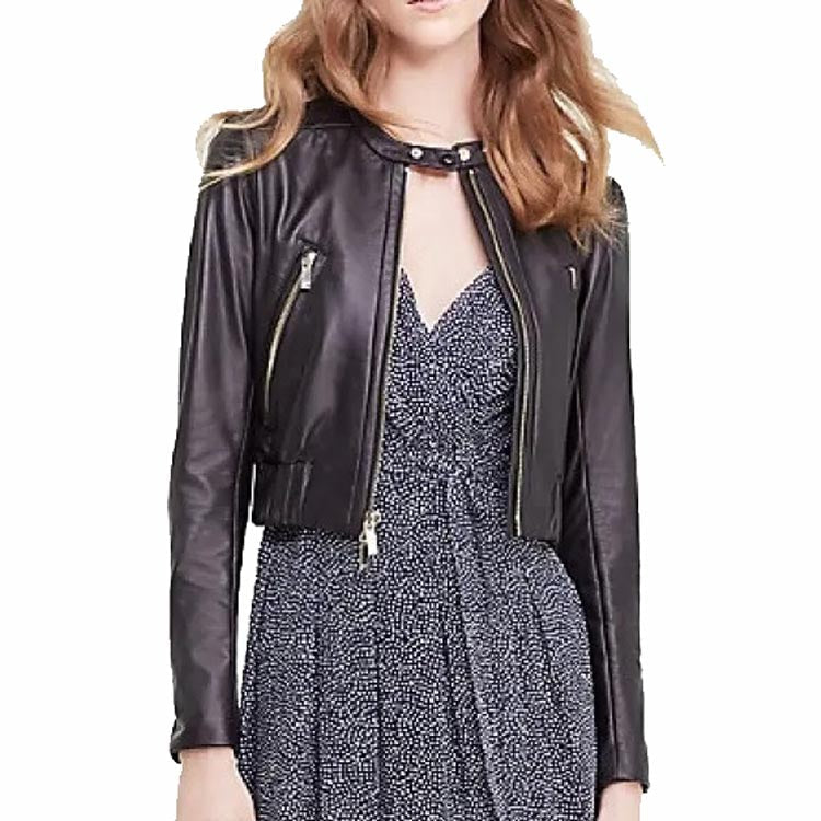 Women's Luxurious Black Leather Short Bomber Jacket - AMSEL LEATHERS