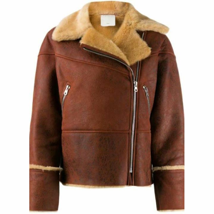 Women's Marron Shearling Biker Jacket - AMSEL LEATHERS