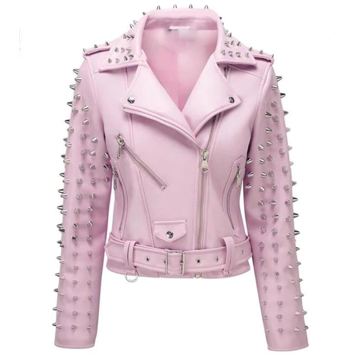 Women's Pink Leather Jacket with Studs - AMSEL LEATHERS