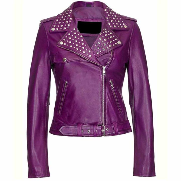 Women's Purple Leather Studded Biker Jacket - AMSEL LEATHERS