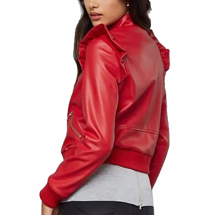 Women's Red Leather Bomber Jacket - AMSEL LEATHERS