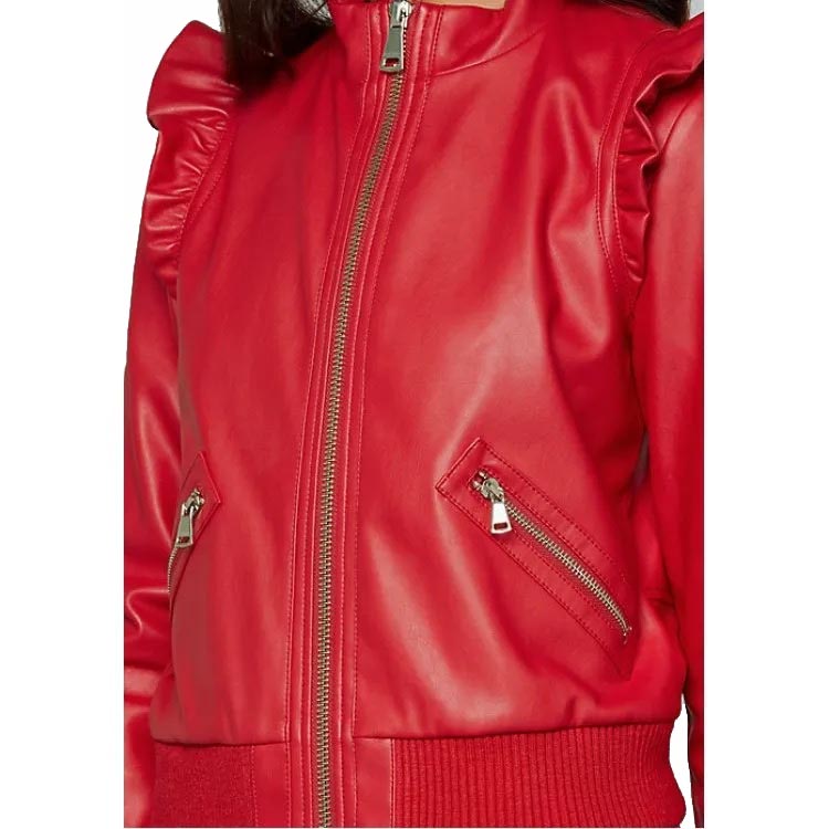 Women's Red Leather Bomber Jacket - AMSEL LEATHERS